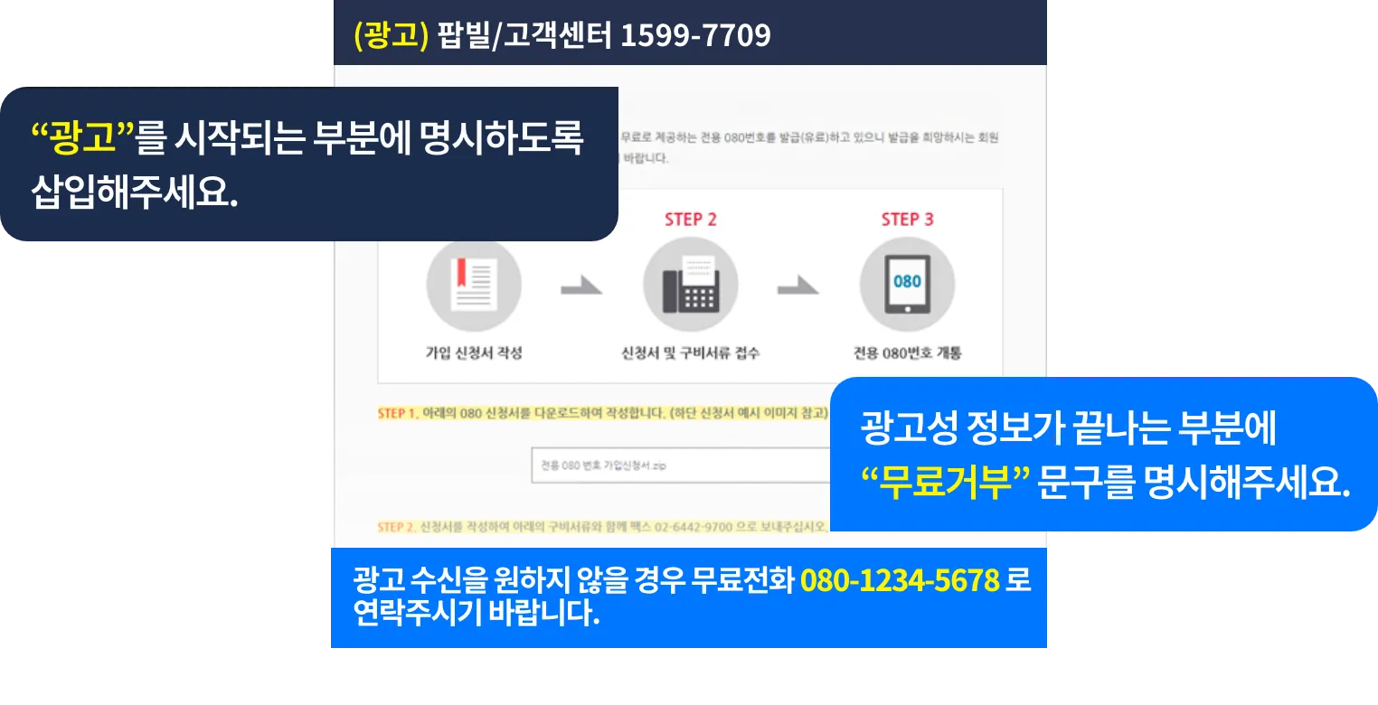 광고 팩스를 전송할 때 필수인 전용 080 수신번호를 신청할 수 있습니다.