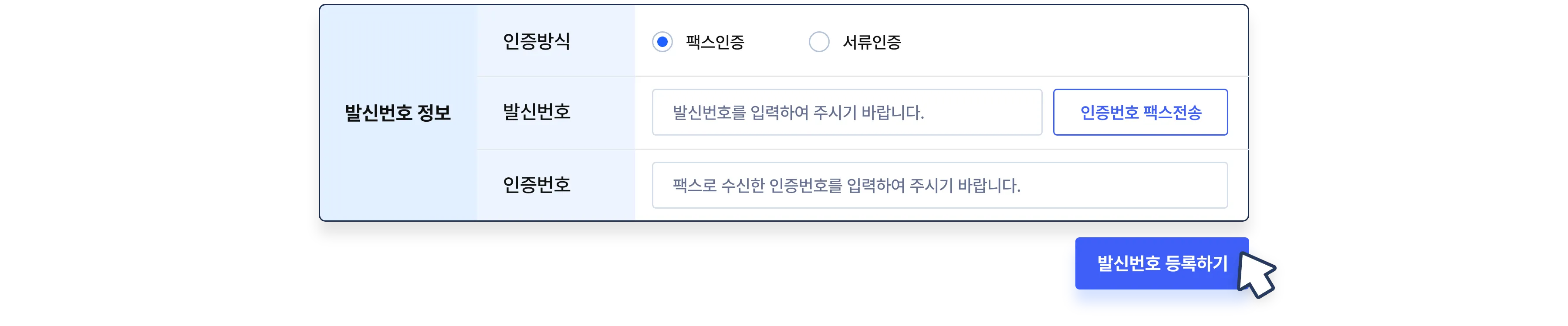 서류 제출 없이 팩스 점유인증으로 발신번호를 등록할 수 있습니다.