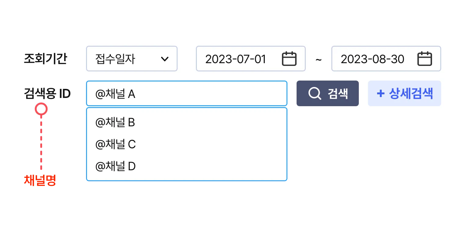 검색용 ID 를 선택하여 카카오톡 채널 별로 전송내역을 검색할 수 있습니다.