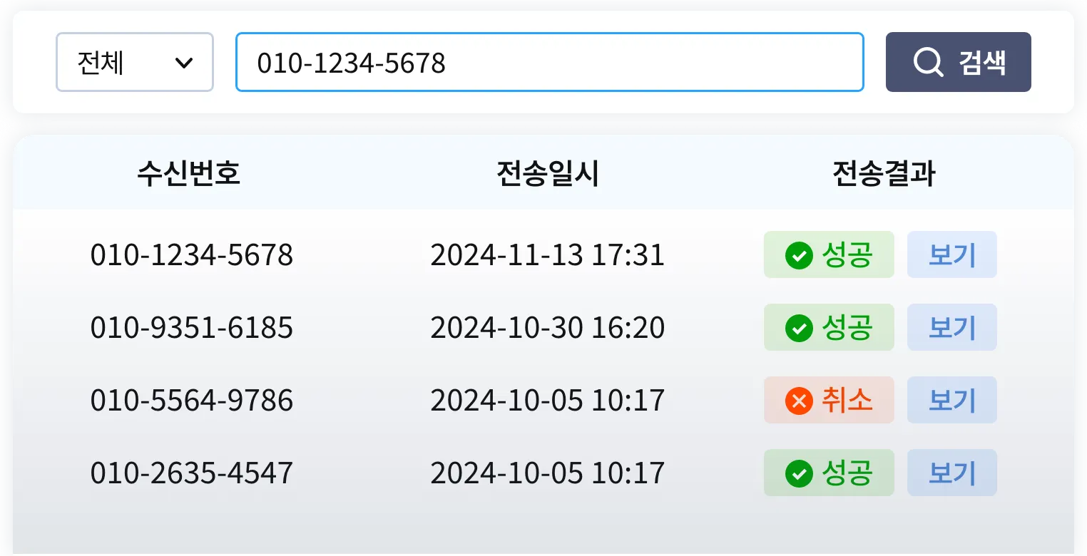 수신번호를 검색하여 전송결과를 확인할 수 있습니다.